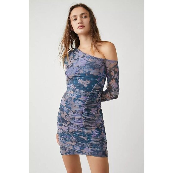 Free People Dress Womens Chloe One Sleeve Mini Midnight Combo Ruched Mesh Size:M - Picture 1 of 4